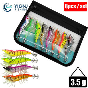 8PCS Luya Bait Luminous Soft-Footed Wood Shrimp Sea Fishing Lure Squid Hook Set ﻿