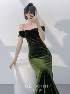 Elegant Womens Evening Dress Green Velvet One-Shoulder Fishtail