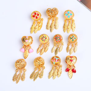 Color-Preserving Ancient Style Alluvial Gold Enamel Color Heart Dreamcatcher Three-Tail Feather Spacer Beads Pendant Bracelet Necklace DIY Accessories