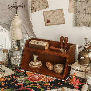 Retro ไม้ Double Layer Desktop Organizer กล่อง Office Supply ถ้วยเครื่องสําอางค์ Solution Handmade ไม้ถาดถัง