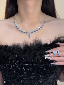 Luxurious Blue Tear Design Heavy Work Necklace Pearl Drop Zirconia Stone Pearl Clavicle Chain Fashion Jewelry Accessory