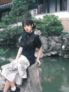 New Chinese Style Short Sleeve Half Skirt Set for Women Black Button up Slimming Summer Fashion Retro Hanfu Ensemble