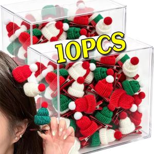10Pcs Red Green White Knitted Santa Hat Hairpins Small Duckbill Clip Christmas Party Hair Barrettes Festive Headwear for Women