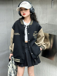 Spring Autumn Childrens Baseball Jacket Girls Fashionable Versatile Cotton Coat round Neck Single Button Closure No Hat