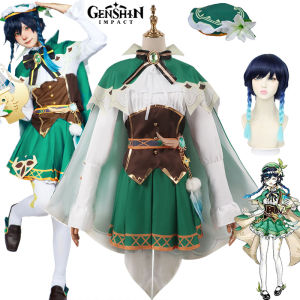 Genshin Impact Barbatos Cosplay Costume Venti Dress Cloak Hat Pantyhose Outfit Lolita Uniform Dress Anime Dyeing Gradient Black Blue Cosplay Wig
