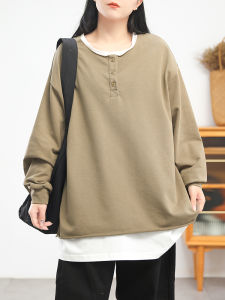 Loose Fit Casual Long Sleeve T-Shirt Half Open Collar Oversized Comfortable Cotton Sweatshirt Spring Fashion Retro Style