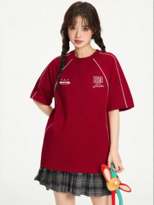 Gbiaior | Wine Red High End Loose Chinese Trend Letter Print Short Sleeve T Shirt Women
