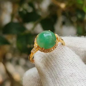 Sales Offer - High Quality Light Green Cabochon Natural Type A Jadeite Jade set on 18k Gold as Ring certificate weighs 1.98 grams Finger Size 15.4mm (18kring28)