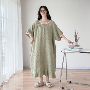Pure Cotton Gauze Nightdress Womens plus Size Fat Girl 100.00kg Summer Short Sleeve Thin Loose Pregnant Womens Pajamas Homewear