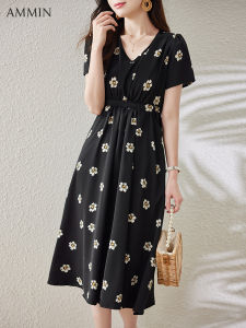 AMMIN 2023 summer new simple V-neck vintage floral print short sleeve chiffon dress Womens Korean style strap waist design A-line knee length elegant dress