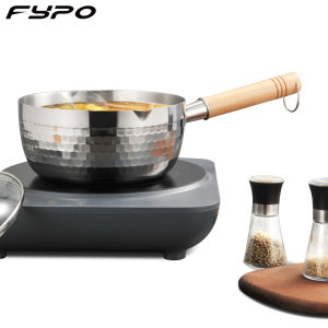 Fypo 18cm Stainless steel snow pan with lid Japanese style milk pan with wooden handle uncoated baby supplementary food pot instant noodles cooking hammer pattern soup pot