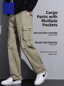 ROMON | Romon Mens Pure Cotton Straight Leg Casual Pants Autumn New Loose Wide Leg Multi Pocket Workwear Long Trousers Trendy