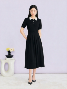 YINER | Summer New Contrast Collar Slimming Waist Acid Blended Dress