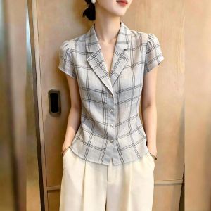 KUNAILIN | Checkered V-Neck Short Sleeve Womens Shirt