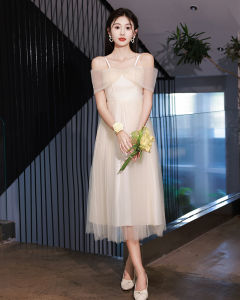 สีแชมเปญ 2024 ใหม่ เรียบหรู ยาว พรางหุ่น Maid Of Honor เดรส Sister Gang สำหรับงานกลางคืน ชุดราตรี กระโปรง คุณภาพสูง โพลีเอสเตอร์ ไฟเบอร์