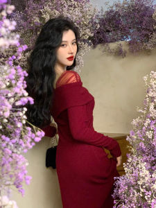 เรียบหรู ถักสีแดง เดรส สําหรับผู้หญิงสไตล์วินเทจสูง เอว สลิมฟิต เหมาะสําหรับงานแต่งงานงานเลี้ยงวันเกิดฉลองคริสต์มาส