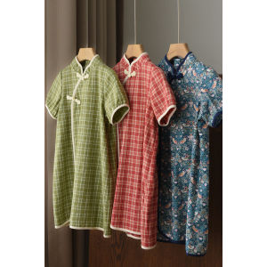 National Style Girl Pure Cotton Mandarin Collar Gingham Dress Kids Lightweight Print Short Sleeve Diagonal Puff Sleeves