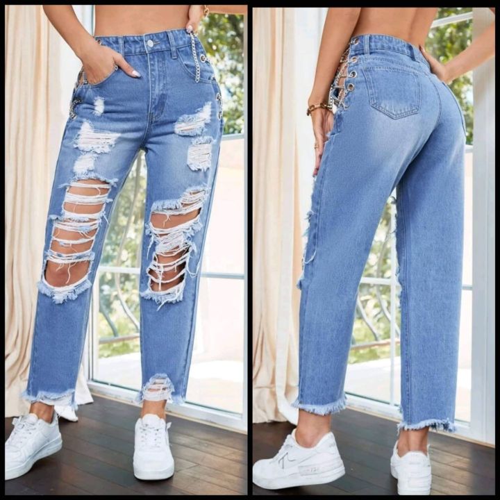 Super Sale🔥 High Waist Grommet Chain Lace Up Ripped Frayed Straight Leg