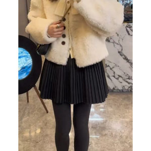 High Waist Thickened Woolen Plaid Skirt Korean Style Commute A-Line Short Skirt Black Accordion Pleats Womens Fashion