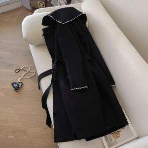 PAIBOLI | Elegant Black Melton Long Hooded Womens Coat