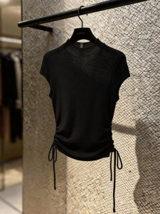DUOFEIYAN | Black Half-Neck Cord Knit Short Sleeve T-Shirt Breathable Comfortable and Waist Cinched