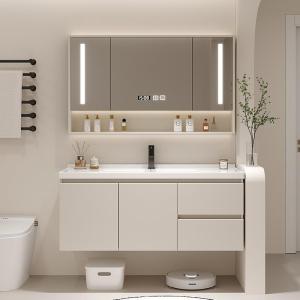 Cream Ceramic One-Piece Basin Bathroom Cabinet Combination Solid Wood Bathroom Washbasin Handwashing Sink Vanity Cart