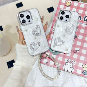 【2IN1】Electroplating Pearl Love Epoxy Rubber Luxury Phone Case For iPhone 12/13/14/15/16 ProMax can be used with bracelet 16Pro/16Plus for girls