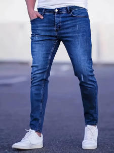 Mens Slim Fit Stretch Denim Jeans with Ripped Detail & Contrast Stitching Fashion Streetwear Casual Trousers for Daily Wear