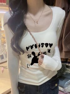 Pure Cotton Long Sleeve T-Shirt Womens Slim Fit Waist Cinched Shoulder U-Neck Cat Print Base Shirt Top for Autumn