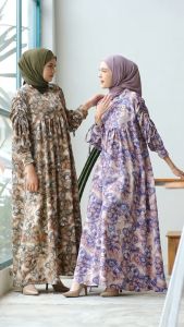 Tulus Signature Wara Dress LD 110 Gamis Maxi Wanita Muslim Kekinian Bahan Kelly Crinkle Motif Bunga-Bunga Busui Terbaru