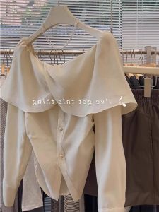 Summer Thin Ice Silk Lace Trim One Shoulder Button up Long Sleeve Sun Protection Shirt Womens High End Feeling Chiffon Blouse