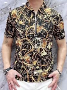 Áo Thun Nam Mùa Hè in Họa Tiết Thời Trang Có Khóa Kéo Co Giãn Tay Ngắn Dáng Ôm Cổ Polo Thường Ngày Chất Liệu Cotton Pha Trộn