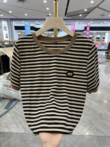 Summer New Style Mommy round Neck Short Sleeve Striped T-Shirt Base Layer Meat Covering Top Korean Version Loose Fit Thin Material