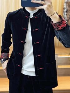 New Chinese Style Mens Fashion Lightweight Velvet Buttoned Autumn Vintage High-End Feeling Tang Suit Top Long Sleeve Printed