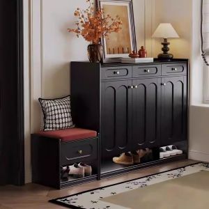 Black Solid Wood Shoes Cabinet and Bench Combination