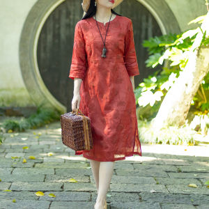 Nian Jiangnan Embroidered Design Heavy Work Midi Dress V-Neck Silk Loose Waist Chinese Style New Fashion Dress