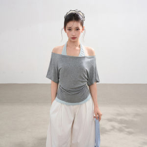 BAIDAIFEI | Gray Neck Hanging Off Shoulder One-shoulder Faux Two-piece T-Shirt Womens Top