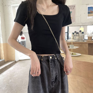 Cotton Short Sleeve Square Collar T-Shirt Pure Color Slim Fit Summer Fashionable Womens Top Korean Style Casual Wear
