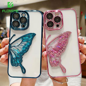 FLOVEME Luxury Butterfly Painted Glitter Clear Phone Case For iPhone 15 14 13 12 11 Pro Max With Camera Protection All-inclusive Plating Frame Transparent TPU Shockproof Back Cover For iphone 15 14 13 12 11