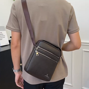 Large Plain Leather Men Sling Bag Double front zipper style crossbody shoulder bags for man handbag
