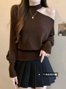 High-End Womens Knitted Long Sleeve Top Shoulder Bared Design Winter Style Loose Fit Daily Wear Solid Color Young Girls