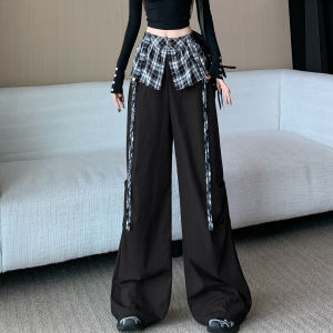 American Retro Wide Leg Pants Women Loose Casual Trousers Autumn Straight Casual Pants Workwear Style Fake Two-Piece Design