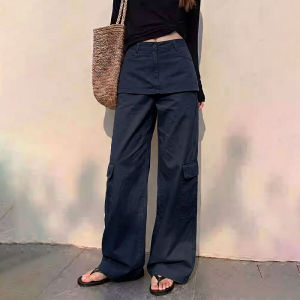 WUQINGWUCAI | Womens Utility Pants Broad Leg Design High Waist Fake Two-Piece Style