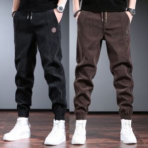 Mens Casual Loose Fit Corduroy Pants Autumn Winter Workwear Trousers with Elastic Waist for Office And Outdoor Wear