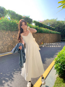 Zeng Xiaoxian Summer Vacation White Strap Dress Womens High Waist Cotton Long Skirt Korean Style Pure Color A-Line Dress