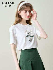 Loetau White Short Sleeve T-Shirt Womens Summer New Loose Versatile High-End Letter Print Half Sleeve Top Korean Style Cotton Polyester Blend