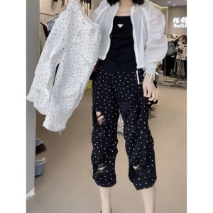 Spring 2026 New Fashionable Dotted Ripped High Waist Straight Jeans