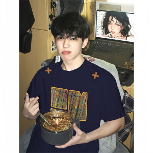 Áo Thun Nam Cổ Tròn Thêu Màu Xanh Tím Đậm Phong Cách Mỹ Cổ Điển Tay Ngắn Thiết Kế Nặng 300g Thời Trang Mùa Hè Thường Ngày