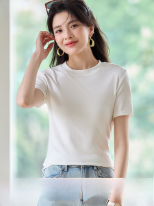 MiiOW | Áo thun tay ngắn màu trắng MiiOW dáng ôm cổ tròn mùa hè 2025 thiết kế mới Áo thun nữ tay giữa màu trơn đơn giản