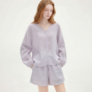 Laid-back Holiday Lace Casual Purple Hemp Shirt
